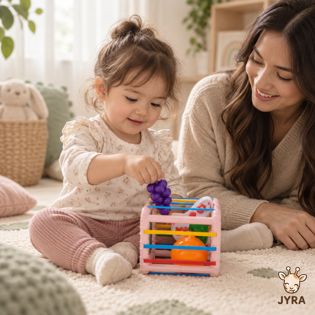 Cubo Sensorial Montessori con Elásticos y Frutas