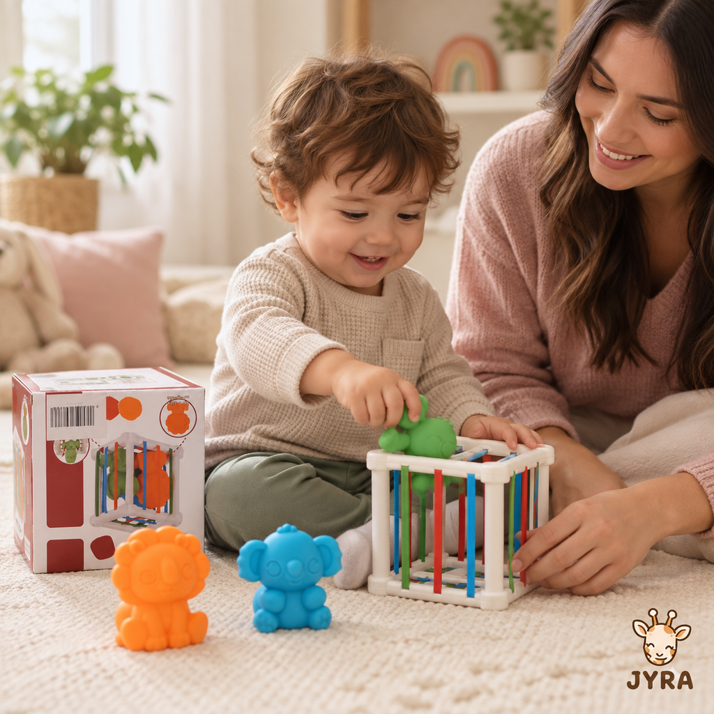 Cubo Sensorial Montessori con Elásticos y Animales
