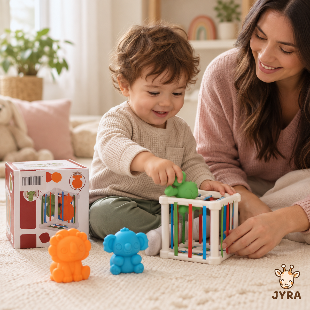 Cubo Sensorial Montessori con Elásticos y Animales